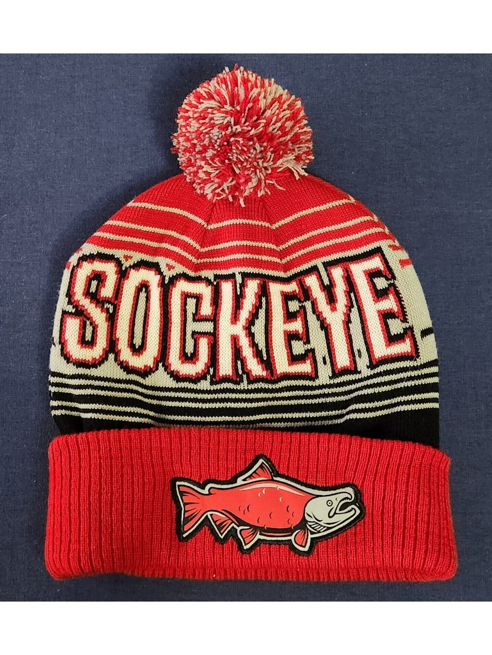 Sockeye Brewing Beanie Pom Winter Hat Embroidered Fish Logo Red Knit Ski Cap